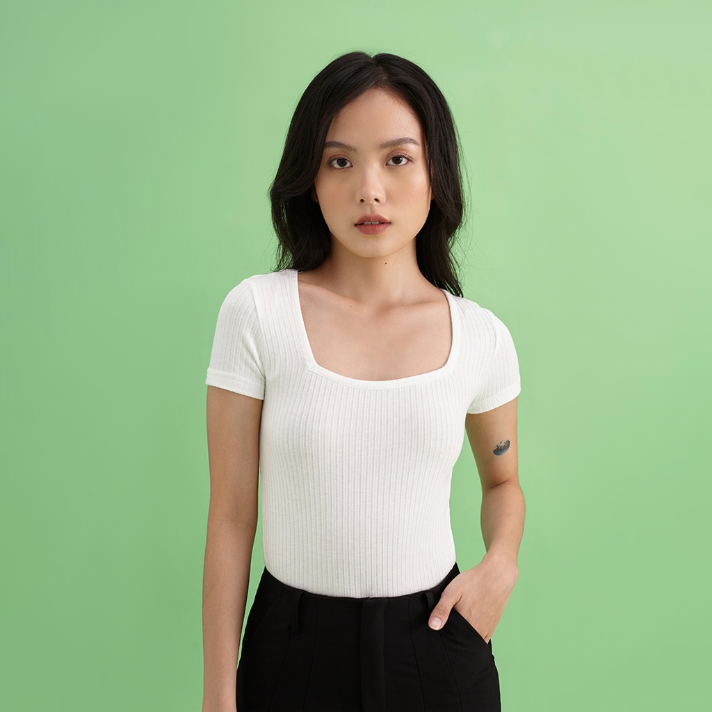 Andabove - Áo thun ôm nữ cổ Vuông - Fitted Square-neck Top - Màu Trắng/Be/Đen/Cam