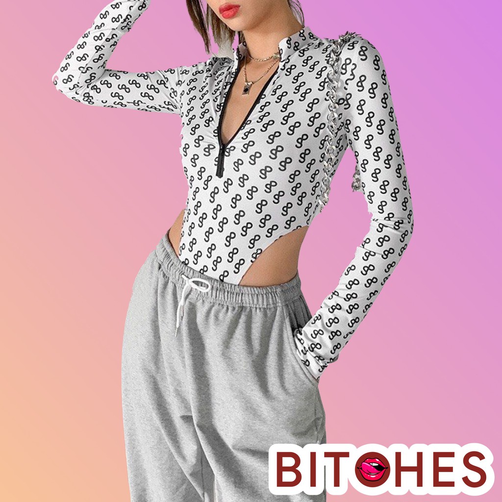 Bodysuit sp dây kéo giữa trắng phong cách sexy-BITCHES