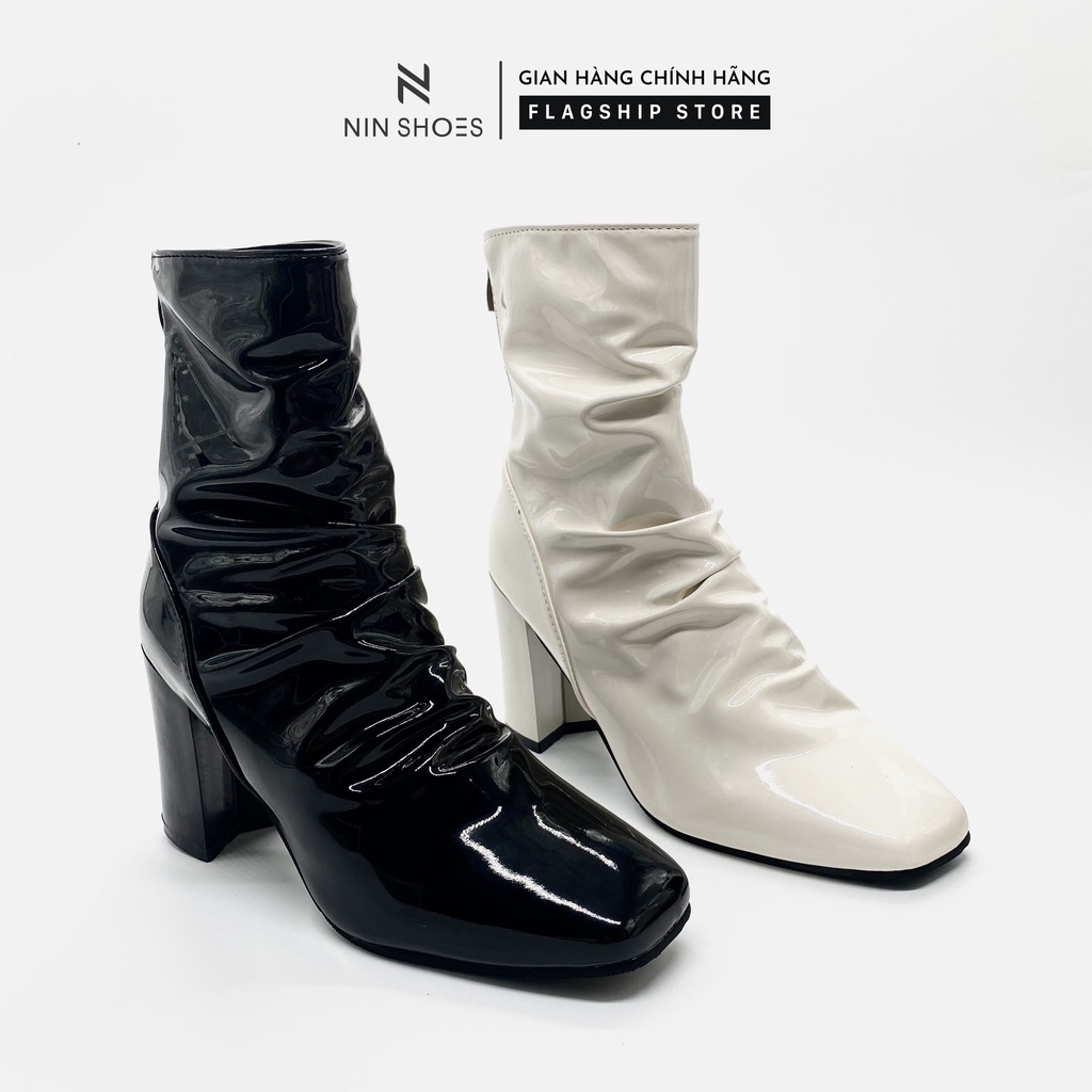 Giày boot nữ da cổ cao 7p gót vuông chỉ giữa da bóng nhăn kéo khóa sau Ninshoes | BigBuy360 - bigbuy360.vn