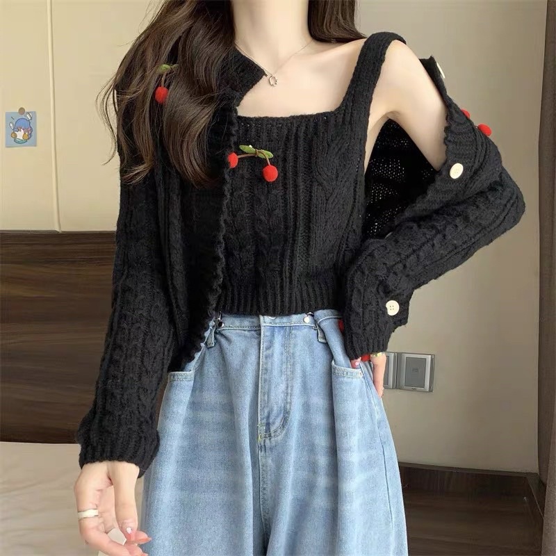 Set áo len cặp đính quả cherry bông siêu cưng,