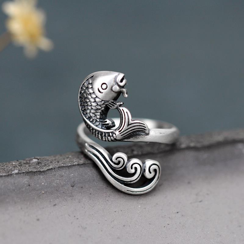 [shop  Welfare] hd-by-2021 classic simple personality like fish in water ring opening silver Koi food ring