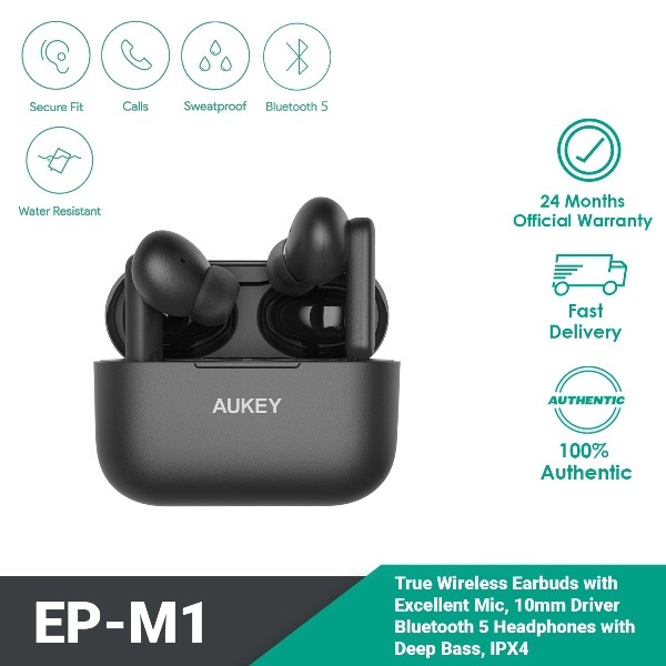 Tai Nghe TWS AUKEY EP-M1 Chip 10mm PEEK + PU, BT 5.0, Nghe Đến 30H, IPX4 - Chính Hãng BH 18 Tháng