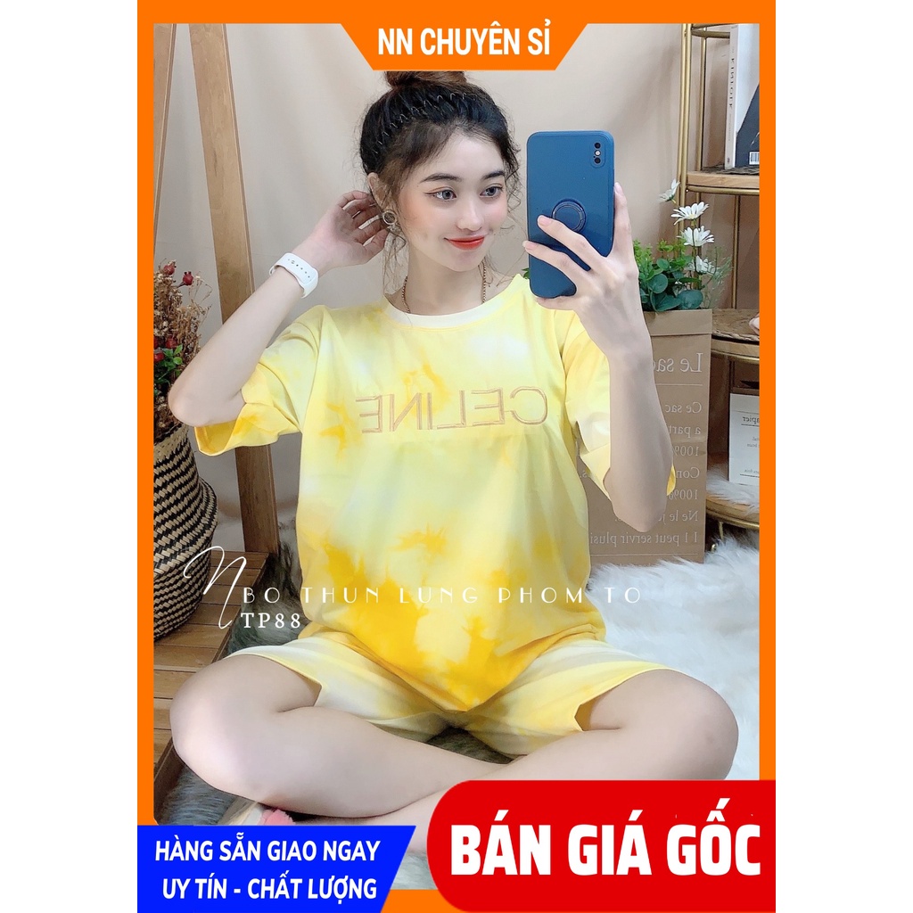 Đồ bộ thun lửng phom to cho nữ mặc nhà chất vải mềm mịn loang màu in hoạt hình dễ thương TP88