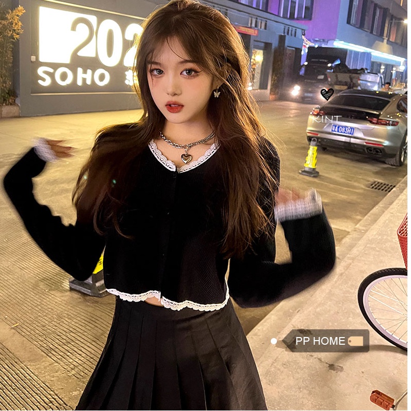 Áo len ZHELIHANGFEI tay dài lưng cao viền ren dễ phối đồ thời trang