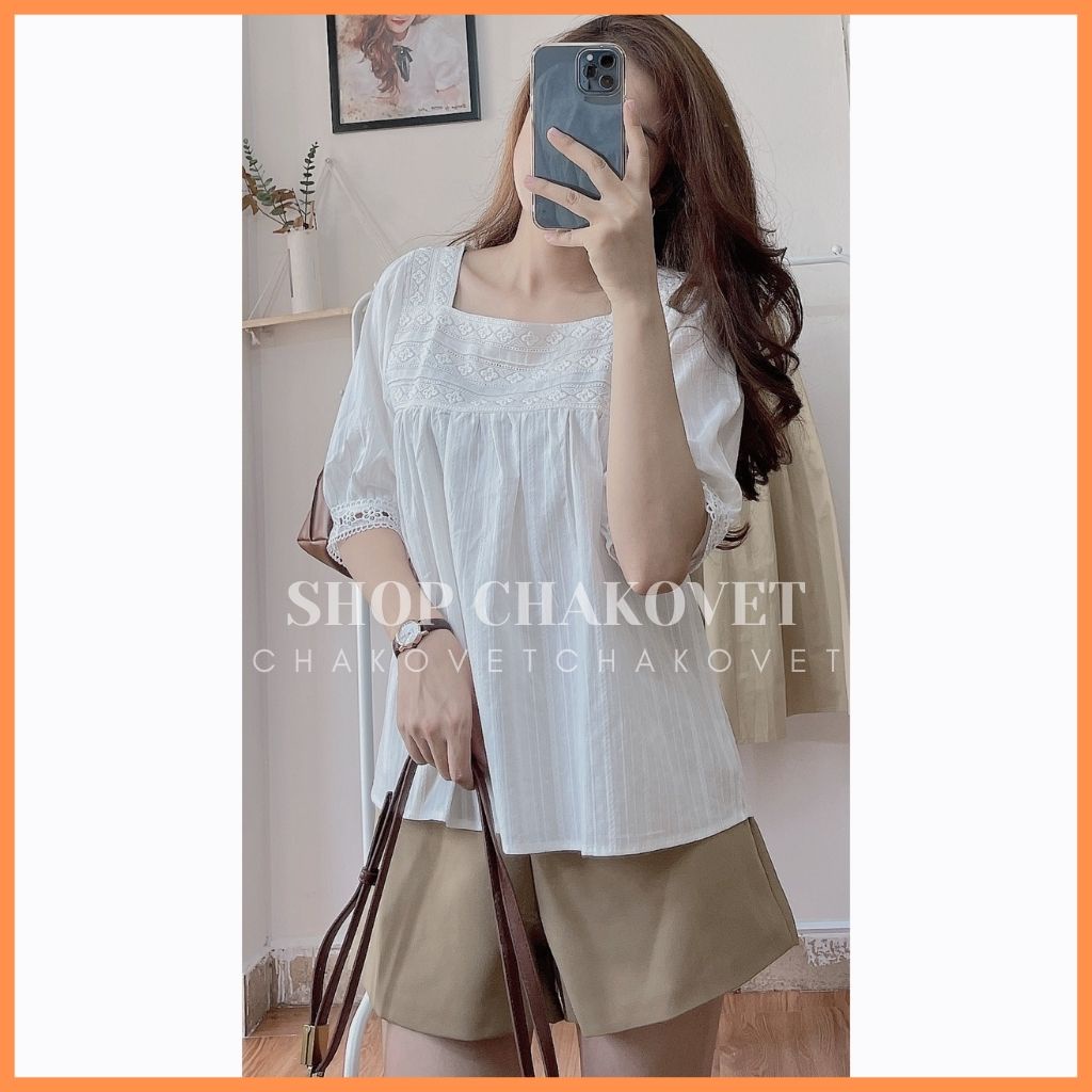 Áo kiểu nữ cộc tay A829 cổ vuông ngực phối ren freesize&lt;55kg mặc đẹp thoáng mát dáng xinh phù hợp đi làm đi học đi chơi