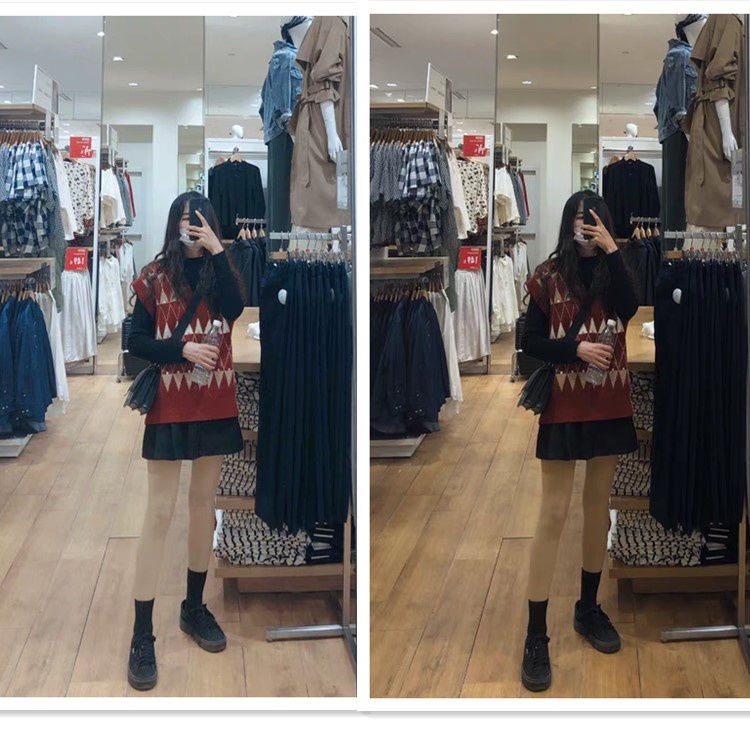 Áo khoác len cổ chữ v form rộng màu sắc tương phản phong cách vintage