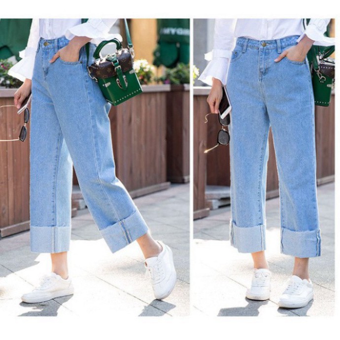 Quần Jeans Ống Rộng QJ005 / Ống Suông Lưng Cao Qua Rốn BigSize - Không Giãn - Lật Lai