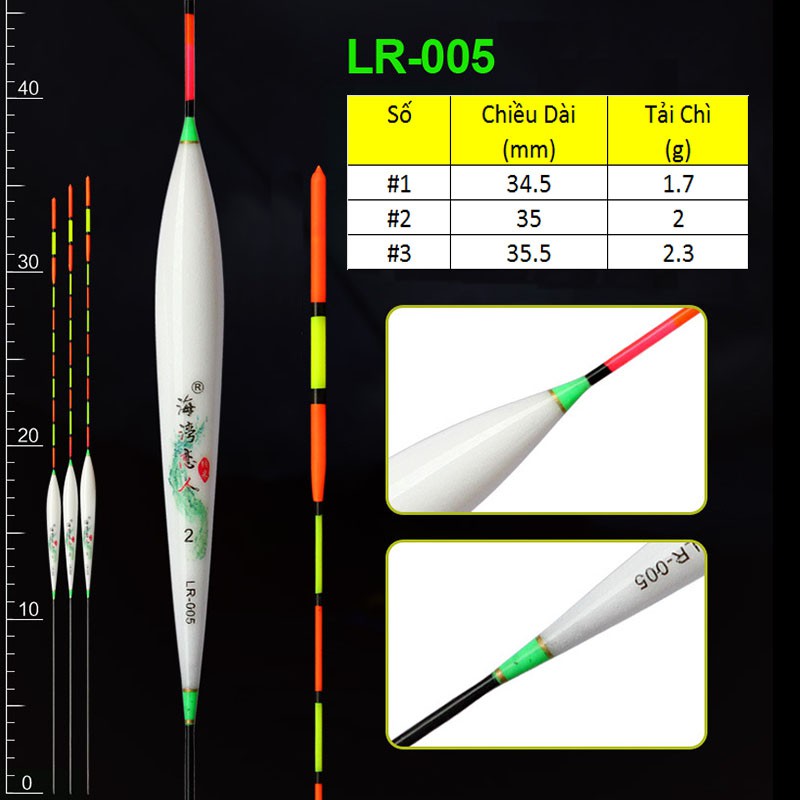 Phao câu cá nano, câu đơn câu đài màu trắng họa tiết xanh câu cá nhạy, có đủ thông số mã LR