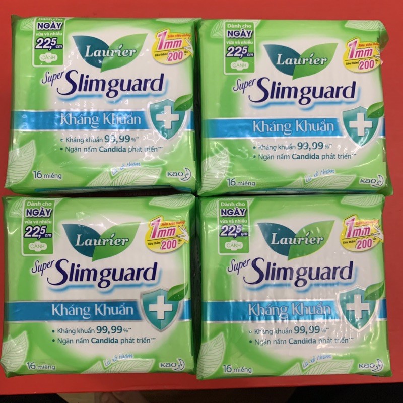 Combo 4 gói Băng vệ sinh Laurier super Slimguard kháng khuẩn 22,5cm 16 miếng ( có cánh )