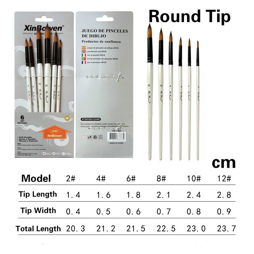 6 pcs Watercolor Gouache Paint Brushes Nylon Hair Wool for Student Painting