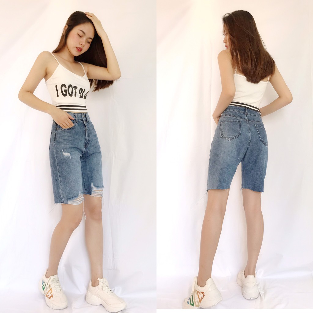 Quần Jean Ngố Body Rách Gối KAVO BLUE Dáng Ôm Màu Xanh Cạp Cao