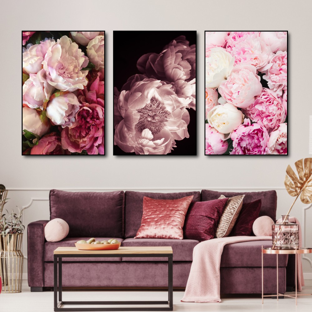 Tranh treo tường canvas mẫu đơn hoa lệ decor trang trí phòng khách và phòng ngủ có khung cao cấp bộ 3 bức khổ lớn 40x60