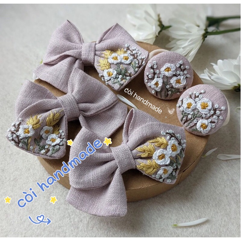 Set Cặp tóc + Nơ thêu handmade