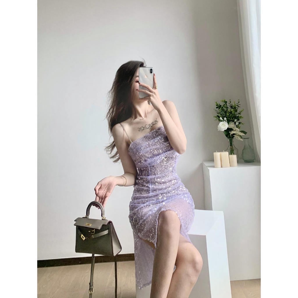 Bán Chạy Đầm Hai Dây Ôm Dáng Đính Kim Sa Lấp Lánh Thời Trang Sang Trọng Quyến Rũ Cho Nữ