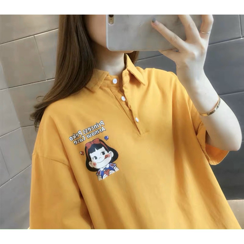 Áo thun nam nữ tay lỡ Polo form rộng unisex BÉ GÁI MÁ HỒNG Freesize &lt;70kg
