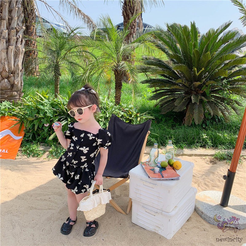 Set Áo Cổ Vuông Thắt Nơ + Quần Short Phong Cách Hàn Quốc Dành Cho Bé Gái