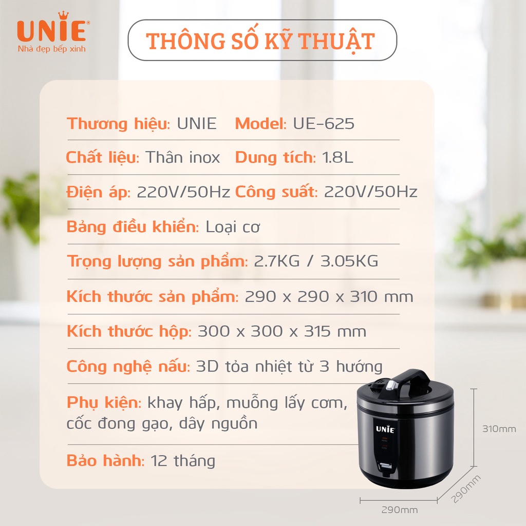 [Mã ELHADEV giảm 4% đơn 300K] Nồi cơm điện UNIE UE-625 dung tích 1.8L