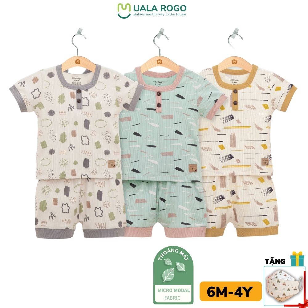Quần áo bé trai cộc tay hè Ualarogo 6 tháng - 4 tuổi vải Modal cổ tròn 2 cúc thoáng mát co giãn thấm hút 3962