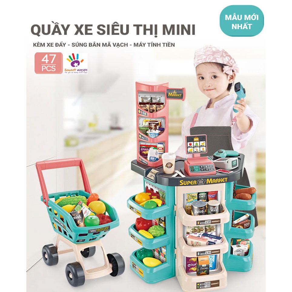 QUẦY SIÊU THỊ MINI KÈM XE ĐẨY ĐỒ CHƠI CHO BÉ KÍCH THƯỚC THẬT 79CMX53CMX34CM