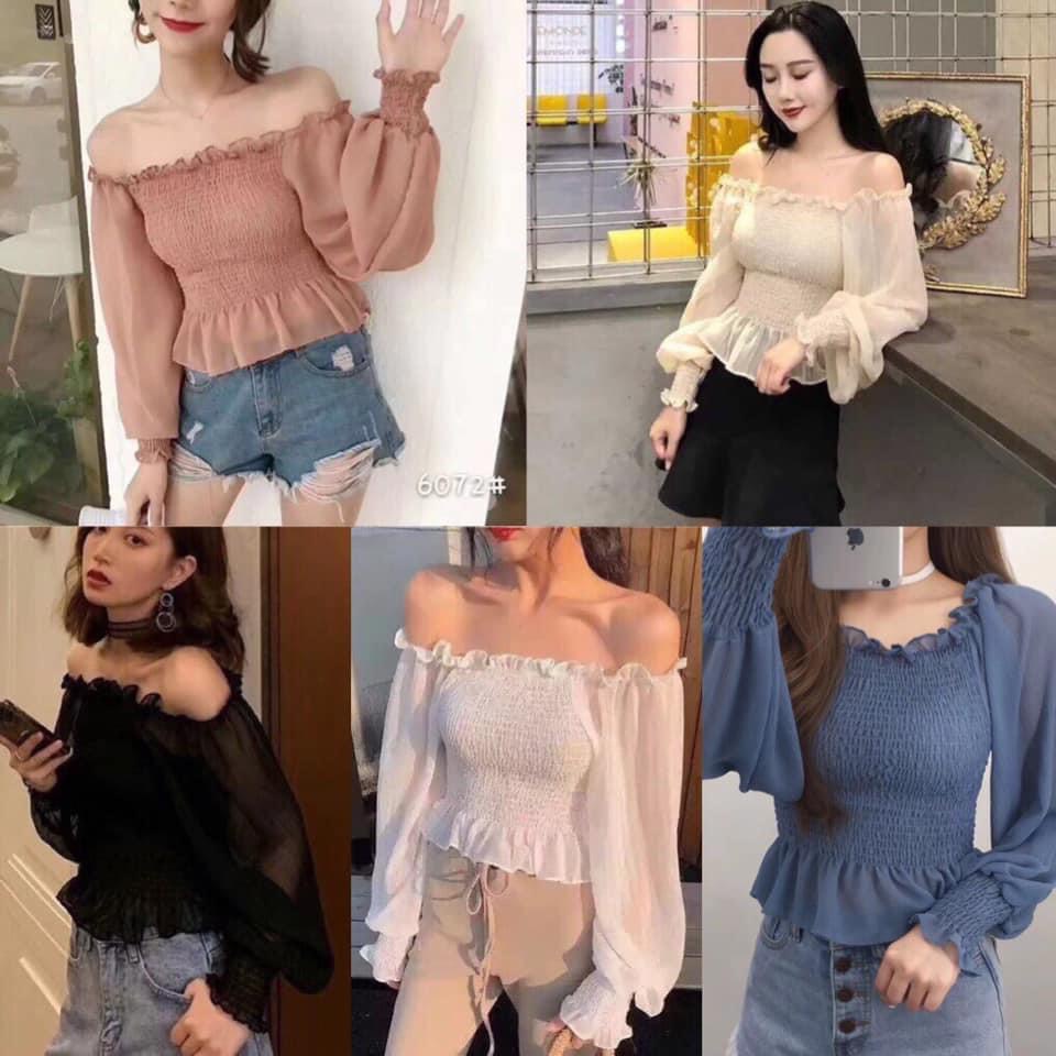 Áo kiểu trễ vai nhún sẵn đủ màu