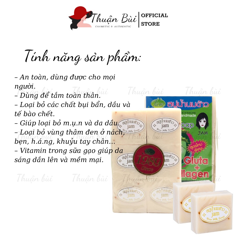 Combo 12 bánh Xà Phòng Cám Gạo Thái Lan JAM RICE MILK SOAP - Xà Phòng Dưỡng Trắng Da 780gr Lốc 12 bánh