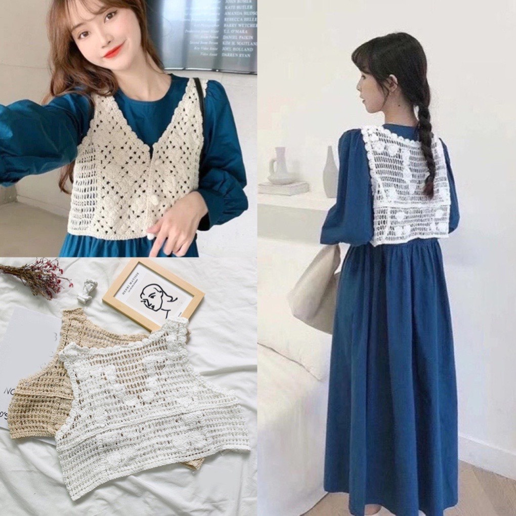 Áo croptop len dệt kim hoa văn phong cách vintage khoác ngoài xinh xắn vanmiushop