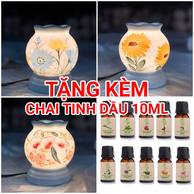 Đèn xông tinh dầu gốm Bát Tràng - Tặng kèm chai tinh dầu 10ml nguyên chất (hương tùy chọn)