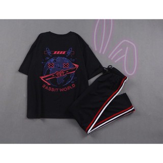 UNISEX - SET ÁO THUN TAY LỞ BAD RABBIT + QUẦN LINE