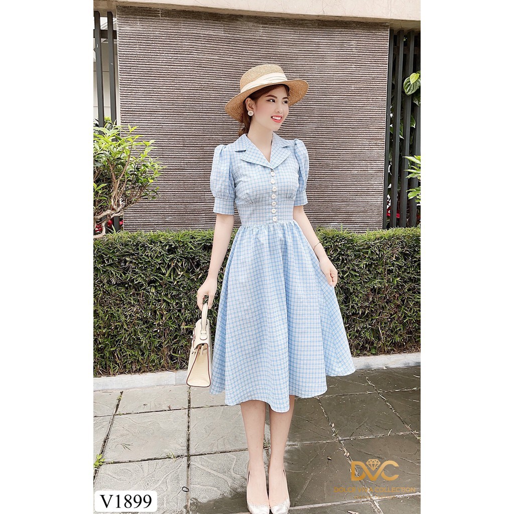 Váy xanh kẻ xòe V1899 - ĐẸP SHOP DVC ( Ảnh mẫu và ảnh trải sàn do shop tự chụp ) 👗 *