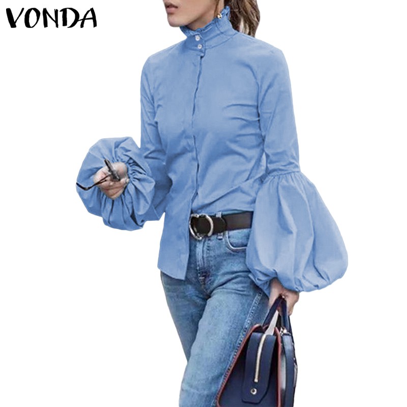 Áo sơ mi VONDA tay dài phồng cao cổ phối nút thời trang dành cho nữ