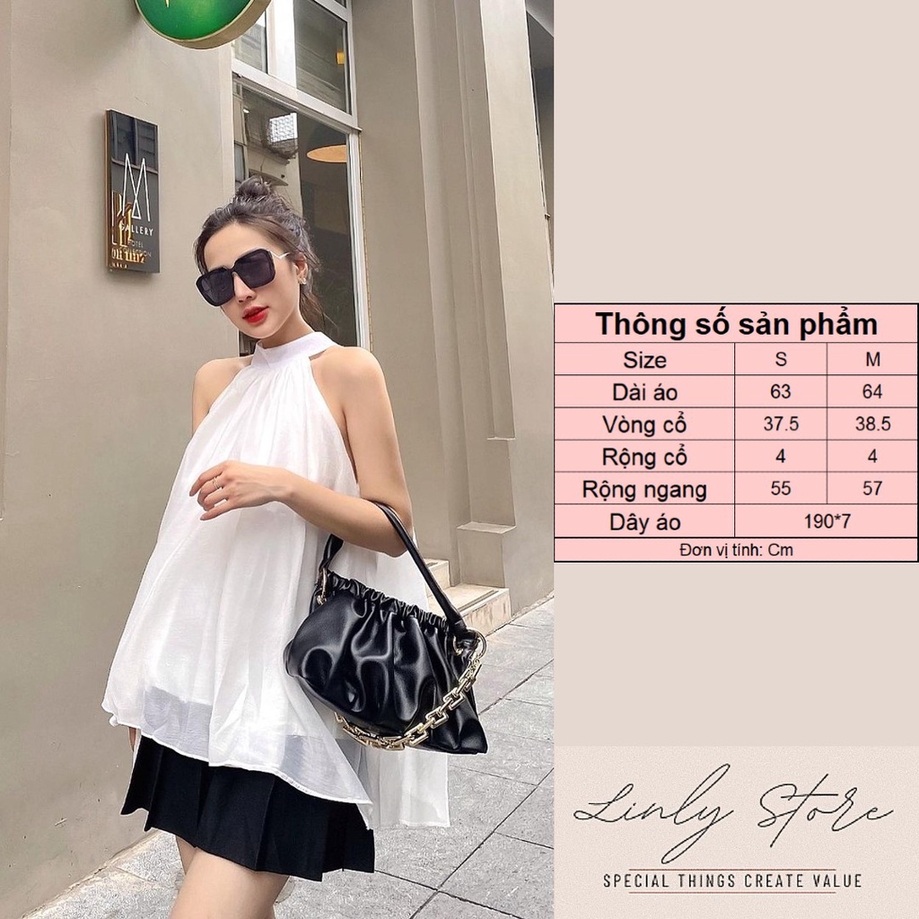 Áo kiểu nữ cổ yếm chất tơ [2 lớp] Áo hở vai phối dây bản to A-YS
