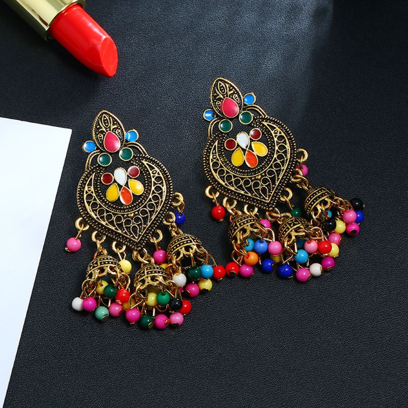 UU Bông tai dáng dài hình Bollywood Kundan Jhumka Jhumki thời trang Ấn Độ cổ điển