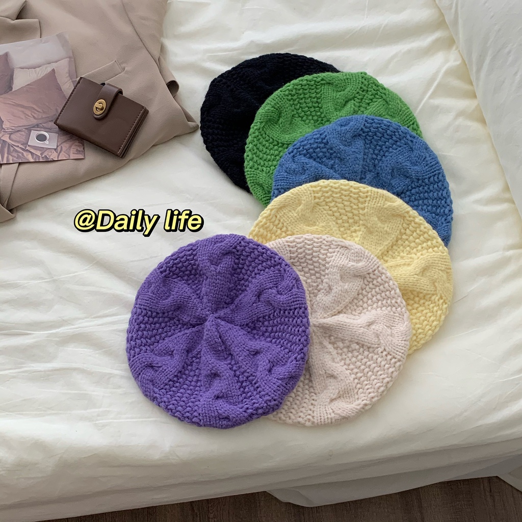 Mũ Beret Len Màu Trơn Giữ Ấm Phong Cách Hàn Quốc Thời Trang Thu Đông Dành Cho Nữ