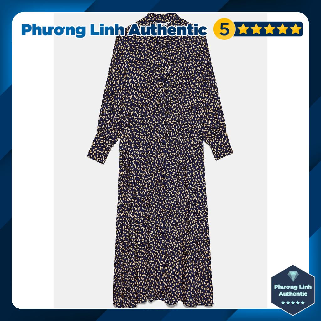 Váy dài dạng shirtdress chấm bi vàng nơ cổ Zara Auth New Tag có sẵn 8589/098 8589098