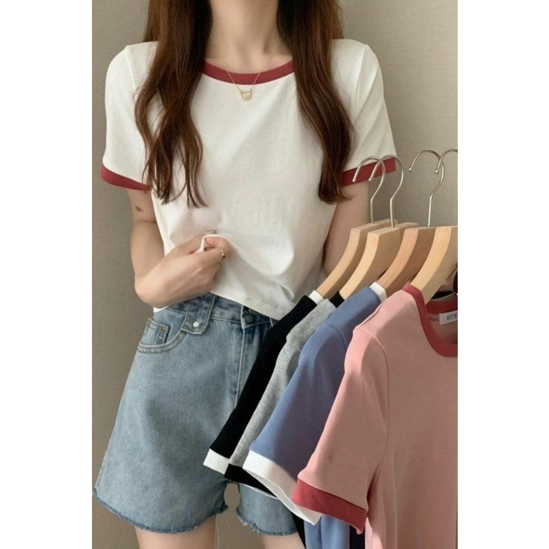 Áo Thun Tay Ngắn Cổ Tròn Màu Sắc Tương Phản Thời Trang Mùa Hè Phong Cách Hàn Quốc Cho Nữ
