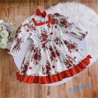 Váy Thu Đông Cho Bé Gái💝FREESHIP💝TẶNG KÈM BỜM NGỌC- Rabbit Kids-Đầm Dài Tay Trẻ Em 8-32kg Hoa Đỏ Chất Thô Hàn Cao Cấp