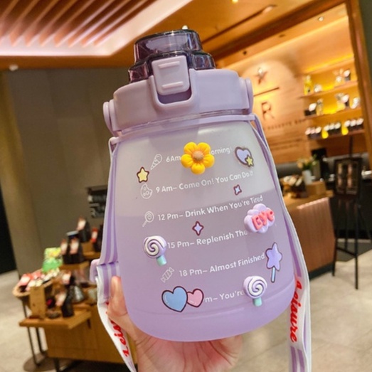 ( Tặng Sticker)Bình Nước 1,2L Có Vạch Báo Giờ Uống Nước, Bình Đựng Nước Mang Đi Học Kèm Dây Đeo