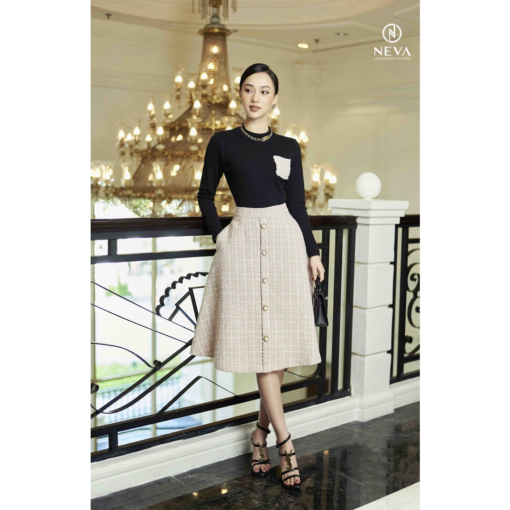[Mã BMBAU50 giảm 50K đơn 150K] Áo len body NEVA màu đen ốp túi dạ tweed W520408