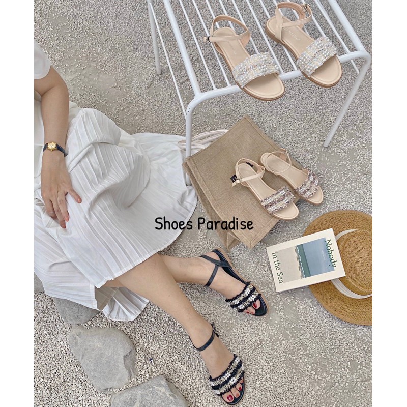 Giày sandal nữ giày sandal dây nữ ngang đi học đế bằng SHOES PARADISE