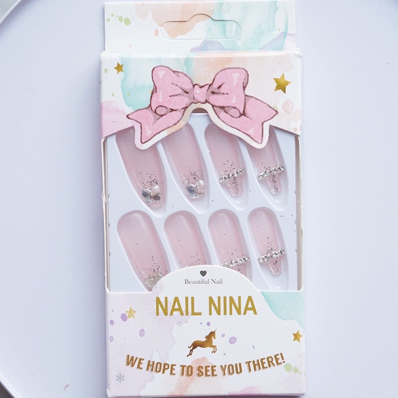 Set 24 móng giả D102 đính đá cao cấp, dáng móng dài dễ thương ( Tặng kèm keo và dũa )