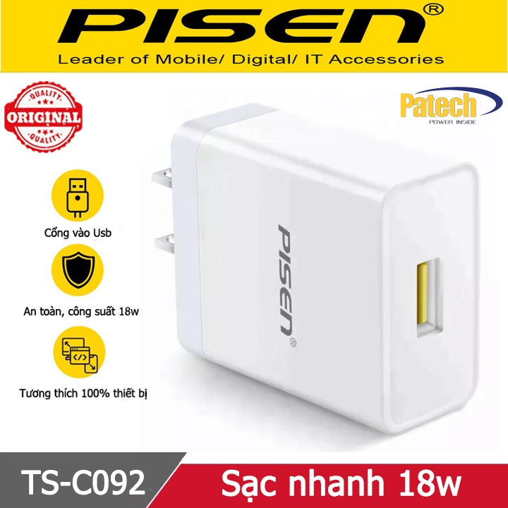 Cốc sạc nhanh QC 3.0 18W chính hãng Pisen, Patech phân phối bảo hành 18 tháng.
