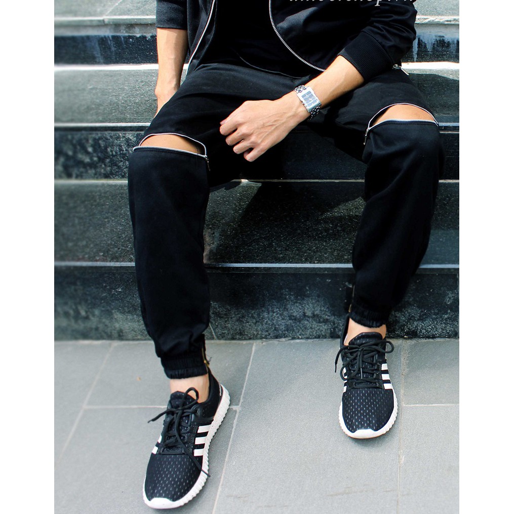 quần jogger nam đen phối zip ngay gối cực style