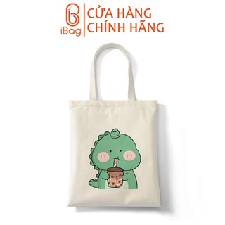 Túi tote đi học IBAG nữ phong cách ulzzang dáng unisex in hình khủng long uống trà sữa N009