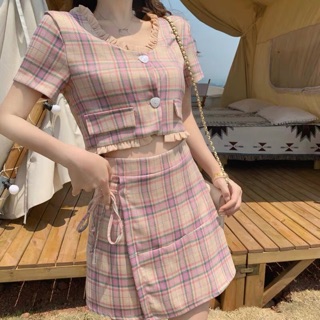 Set caro croptop + Chân váy