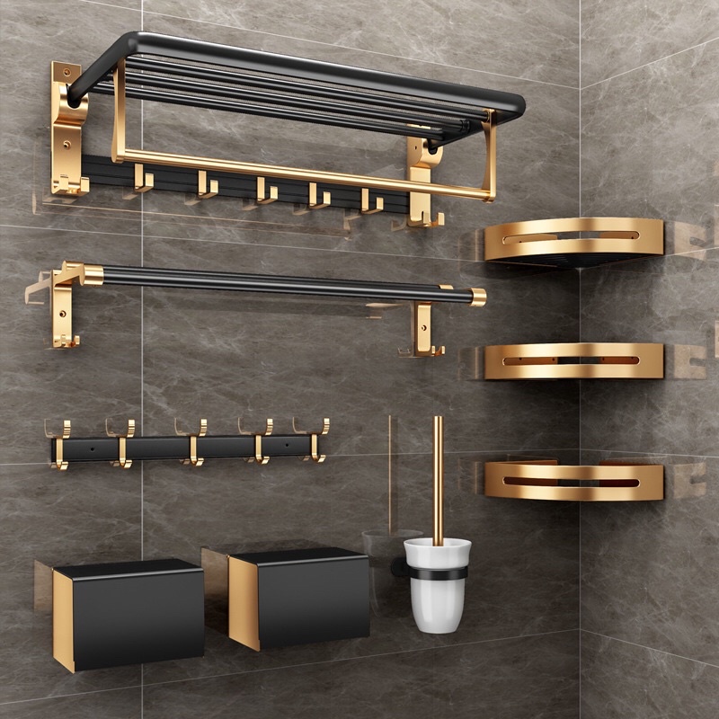 Phụ Kiện Phòng Tắm dán tường Watel tích hợp Kệ để đồ nhà tắm và Giá treo khăn hợp kim phun sơn tĩnh điện