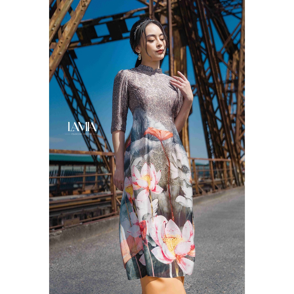 SET ÁO DÀI TƠ HÀNG CHÂU IN HÌNH HOA SEN LAMIA DESIGN AD051