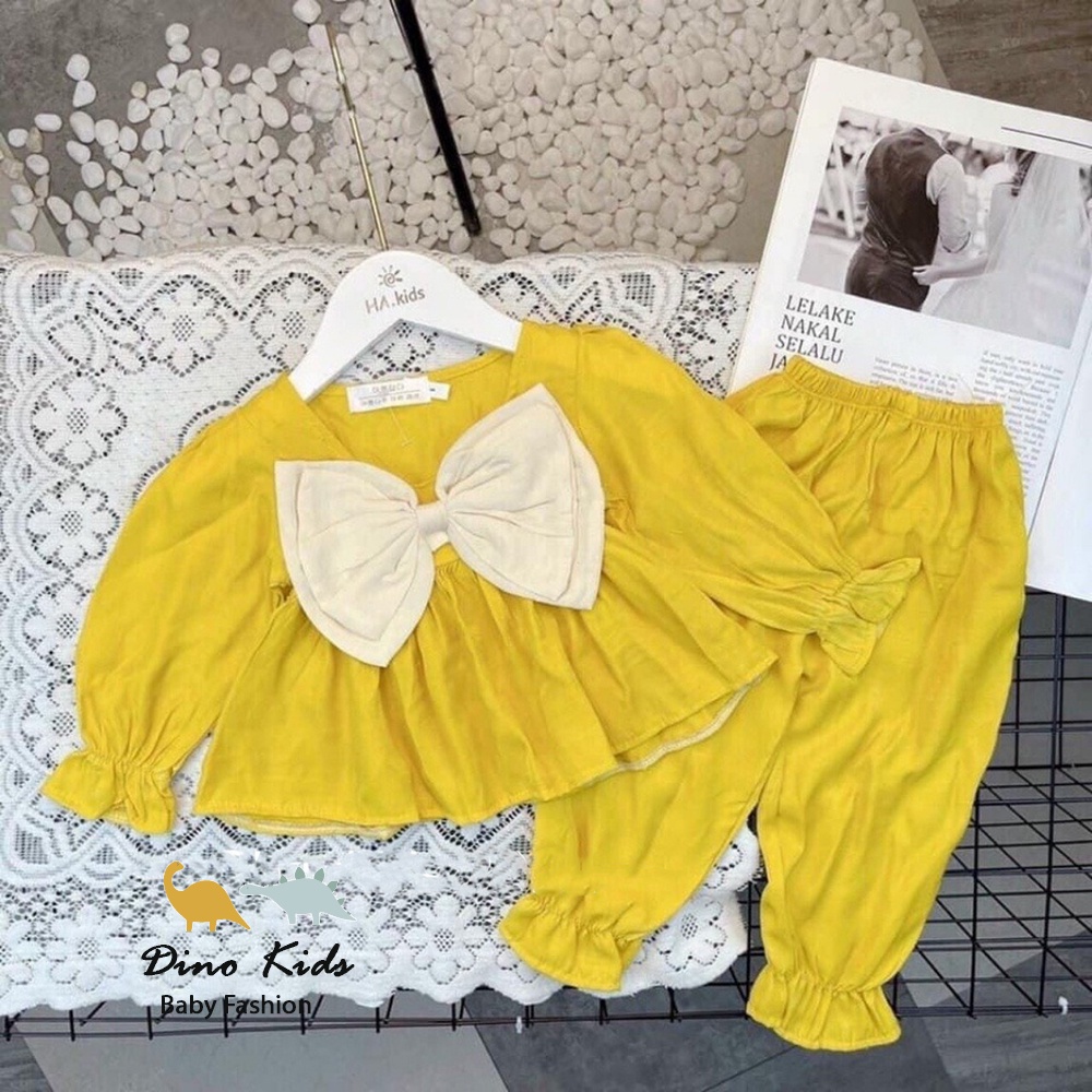 Bộ thu đông nơ ngực bé gái, set bộ đũi dài tay dáng babydoll nơ ngực siêu cưng cho bé