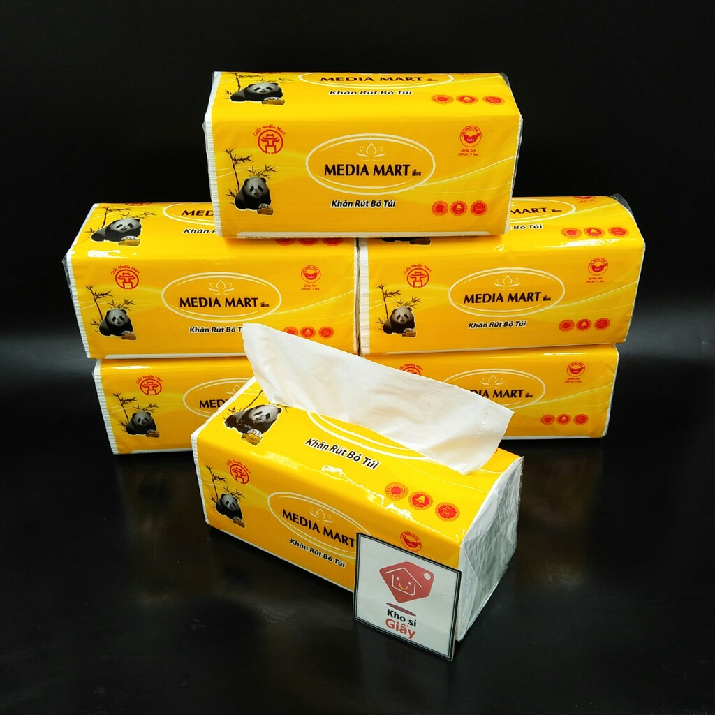 Combo 6 bịch khăn giấy rút Media Mart 300 tờ/3 lớp gấu trúc siêu dai mềm mịn - Giấy rút trắng loại 1 bịch lớn