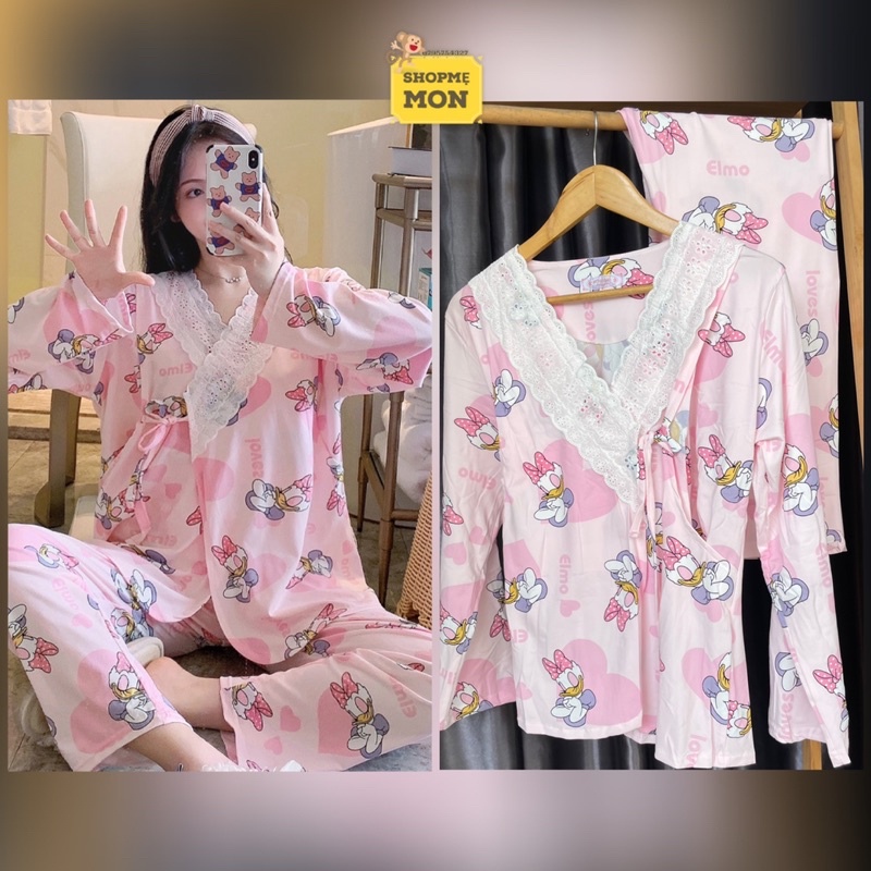 Shop Bầu Mẹ Mon - Đồ Bộ Bầu Đồ Bộ Mặc Nhà Sau Sinh Dài Tay Cho Con Bú Mẫu Yukata Cột Dây Thun Sữa Mềm Mịn Có BigSize