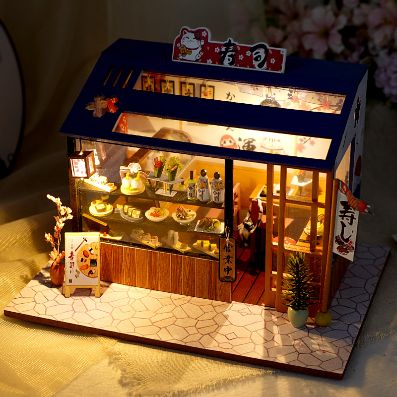 Nhà búp bê  DIY Dollhouse lắp ghép bằng gỗ Mẫu Sushi Shop tặng kèm dụng cụ lắp ghép, keo silicon